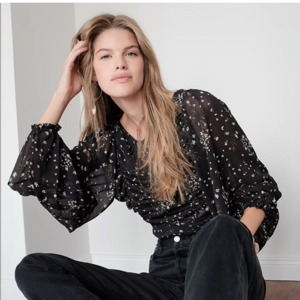 Free people against all odds Floral Black Ruched open back Top 51895 - Picture 2 of 10